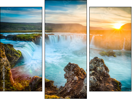 Iceland, Godafoss at sunset, beautiful waterfall, long exposure  - Obraz trzyczęściowy, Tryptyk