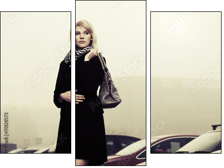 Young fashion woman with handbag on the foggy city street  - Obraz trzyczęściowy, Tryptyk