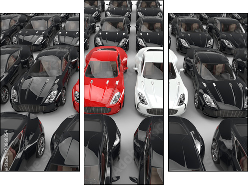 Stand out red and white cars among many black cars  - Obraz trzyczęściowy, Tryptyk