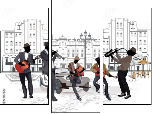 Series of street views with musicians  - Obraz trzyczęściowy, Tryptyk