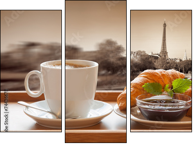 Coffee with croissants against Eiffel Tower in Paris, France  - Obraz trzyczęściowy, Tryptyk