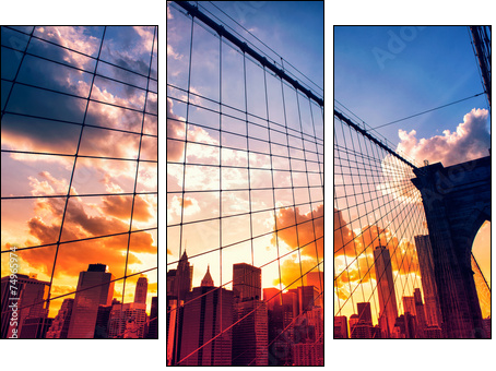 Brooklyn Bridge and Manhattan at sunset  - Obraz trzyczęściowy, Tryptyk
