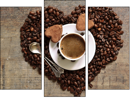 Cup of coffee with heart-shaped chocolate truffles.  - Obraz trzyczęściowy, Tryptyk