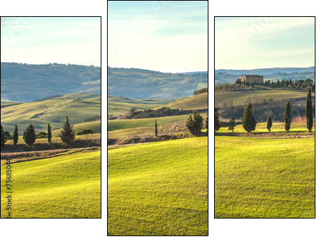 Artistic Tuscan landscape with cypresses, wavy fields and house  - Obraz trzyczęściowy, Tryptyk