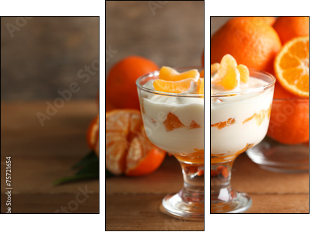 Tasty milk dessert with fresh tangerine pieces in glass bowl,  - Obraz trzyczęściowy, Tryptyk