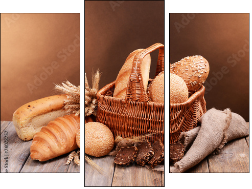 Different bread on table on brown background  - Obraz trzyczęściowy, Tryptyk