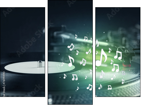 Turntable playing music with audio notes glowing  - Obraz trzyczęściowy, Tryptyk