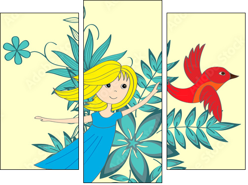 Flying little girl and magical red bird  - Obraz trzyczęściowy, Tryptyk