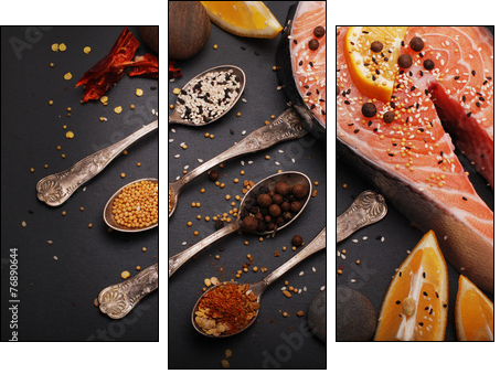 Fresh salmon and spices  - Obraz trzyczęściowy, Tryptyk