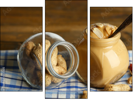 Fresh peanut butter in jar on wooden background  - Obraz trzyczęściowy, Tryptyk