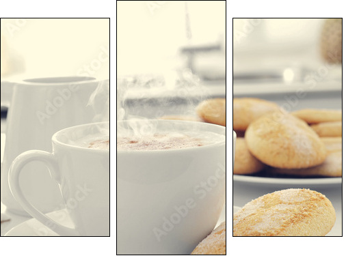 cappuccino and biscuits on the kitchen table  - Obraz trzyczęściowy, Tryptyk