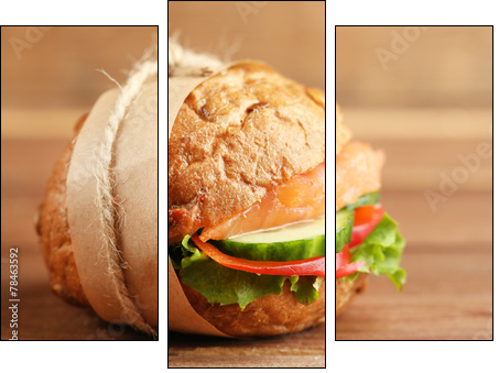 Sandwich with salmon on wooden background  - Obraz trzyczęściowy, Tryptyk