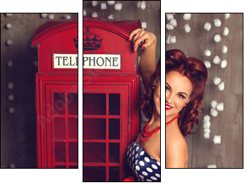 Red hair pin-up woman portrait near telephone booth - Obraz trzyczęściowy, Tryptyk