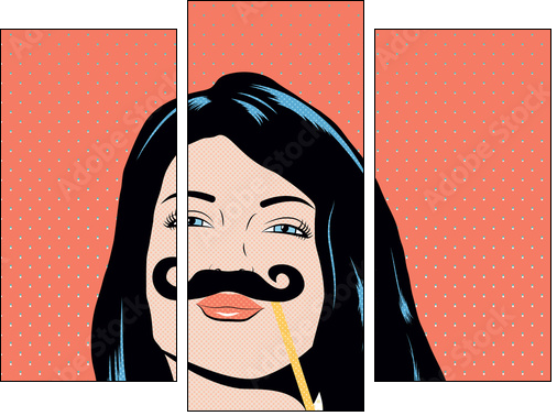 Pop art illustration with girl holding mustache mask. - Obraz trzyczęściowy, Tryptyk