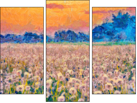 Summer meadow blow balls landscape painting - Obraz trzyczęściowy, Tryptyk