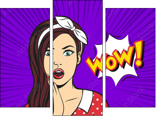 Vector pop art surprised woman face with open mouth and a WOW bubble - Obraz trzyczęściowy, Tryptyk