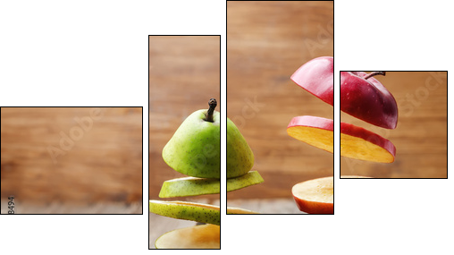 flying slices of fruit: apple, pear - Obraz czteroczęściowy, Fortyk