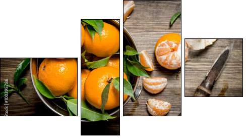 Fresh tangerines with a knife and peeled mandarins in the bucket. - Obraz czteroczęściowy, Fortyk