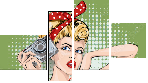 Pin-up sexy woman with camera taking pictures - Obraz czteroczęściowy, Fortyk