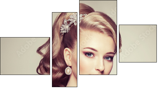Fashion portrait of young beautiful woman with jewelry and elegant hairstyle. Blonde girl with long wavy hair. Perfect make-up.  Beauty style woman with diamond accessories - Obraz czteroczęściowy, Fortyk