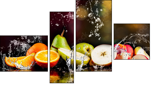 Pears, apples, orange  fruits and Splashing water - Obraz czteroczęściowy, Fortyk