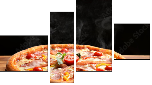 Hot big whole tasty pizza with melting cheese bacon tomatoes ham - Obraz czteroczęściowy, Fortyk
