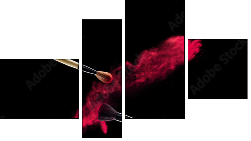 Make-up brush with powder explosion on black background - Obraz czteroczęściowy, Fortyk