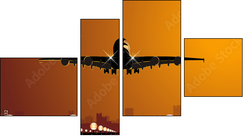 Vector airliner landing at sunset  - Obraz czteroczęściowy, Fortyk