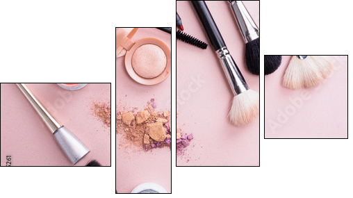 Set of decorative cosmetics on color background - Obraz czteroczęściowy, Fortyk