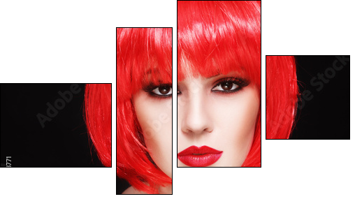 Portrait of young beautiful sexy girl with stylish make-up and fancy bob style red wig - Obraz czteroczęściowy, Fortyk