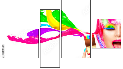 Dyed hair humor concept. Beauty model woman painting her hair in colourful bright colors - Obraz czteroczęściowy, Fortyk
