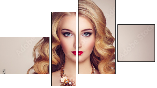 Fashion portrait of young beautiful woman with jewelry and elegant hairstyle. Blonde girl with long wavy hair. Perfect make-up.  Beauty style model - Obraz czteroczęściowy, Fortyk