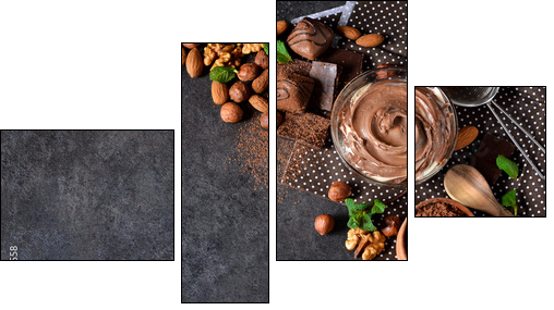 Black food background with cocoa, nuts and chocolate paste.  - Obraz czteroczęściowy, Fortyk