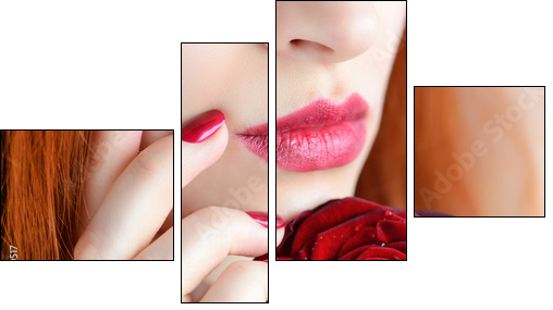 Portrait with red rose flower. Dark red lips and nails. Beautiful red-haired young woman. - Obraz czteroczęściowy, Fortyk
