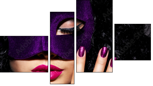 Beautiful  woman with  violet theatre mask on face and purple na - Obraz czteroczęściowy, Fortyk