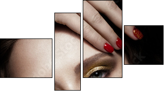 Beautiful girl with evening make-up, red lips in rhinestones and design manicure nails. beauty face. Photos shot in studio - Obraz czteroczęściowy, Fortyk