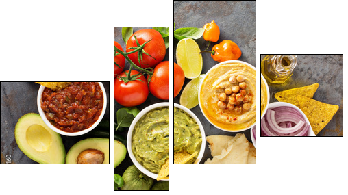 Homemade hummus, salsa and guacamole with corn chips - Obraz czteroczęściowy, Fortyk