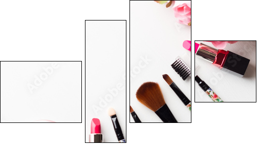 Make up products lipstick, blush and tools brushes with pink roses flowers on white background. Lifestyle woman still life - Obraz czteroczęściowy, Fortyk