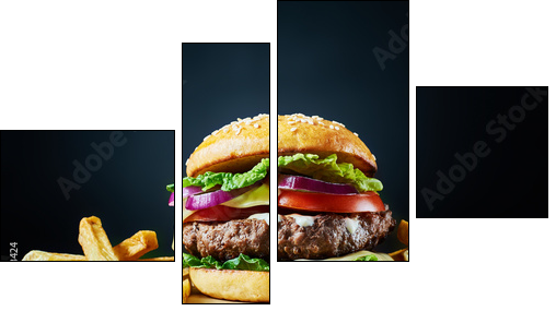 Craft beef burger and french fries on wooden table isolated on dark background. - Obraz czteroczęściowy, Fortyk
