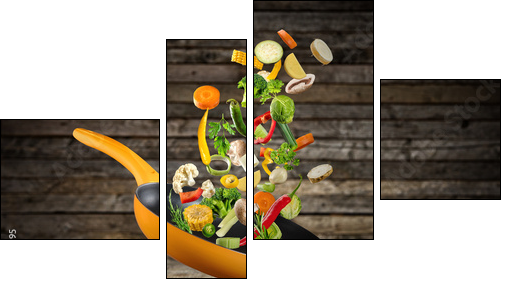 Fresh vegetables flying into a pan - Obraz czteroczęściowy, Fortyk
