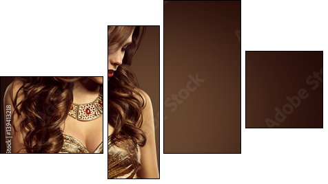 Woman Hairstyle, Beautiful Fashion Model Long Brown Hair Style, Sexy Girl in Elegant Golden Dress - Obraz czteroczęściowy, Fortyk
