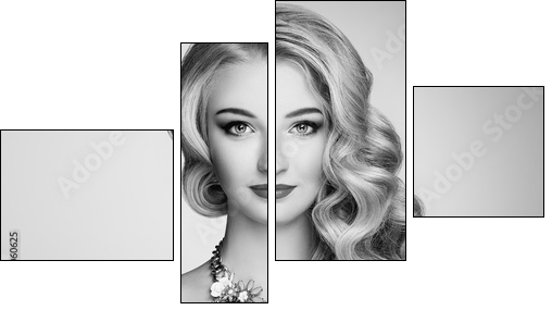 Black and white photo of beautiful woman with elegant hairstyle. Blonde girl with long wavy hair. Jewelry and make-up. Beauty style model - Obraz czteroczęściowy, Fortyk