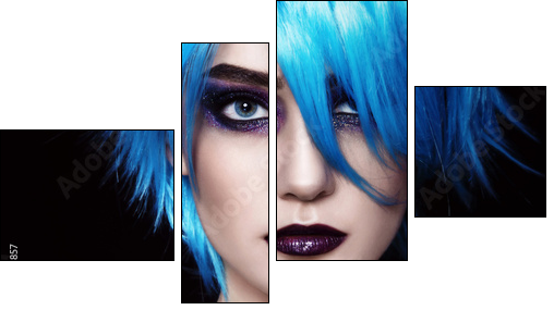Close-up portrait of yound beautiful woman in blue cosplay wig - Obraz czteroczęściowy, Fortyk