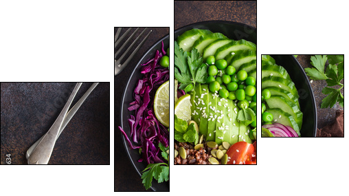 vegan lunch bowl. Avocado, red rice, tomato, cucumber, red cabbage, green peas vegetables salad - Obraz czteroczęściowy, Fortyk