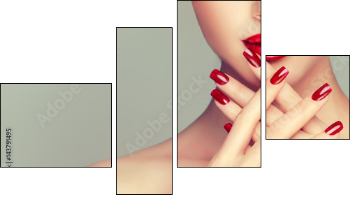 Beautiful girl showing red  manicure nails . makeup and cosmetics - Obraz czteroczęściowy, Fortyk