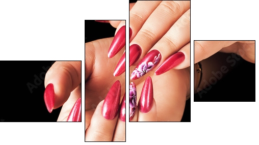 Red nails and floral deign, on black background. - Obraz czteroczęściowy, Fortyk