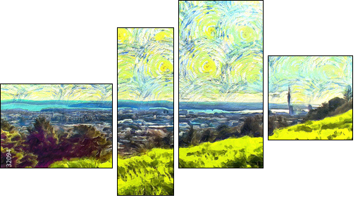 grass filled hillside against a background of trees and a blue sky with clouds - Obraz czteroczęściowy, Fortyk