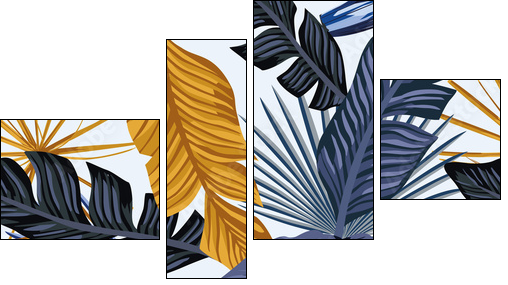 Blue gold palm leaves seamless white background - Obraz czteroczęściowy, Fortyk