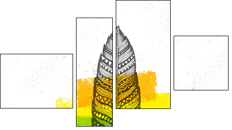 Ethno Tribal Feather Creative Vector Illustration On Rough Background. Stylish Handmade Design Element - Obraz czteroczęściowy, Fortyk