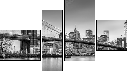Brooklyn bridge and New York City Manhattan downtown skyline at dusk with skyscrapers illuminated over East River panorama. Panoramic composition. - Obraz czteroczęściowy, Fortyk